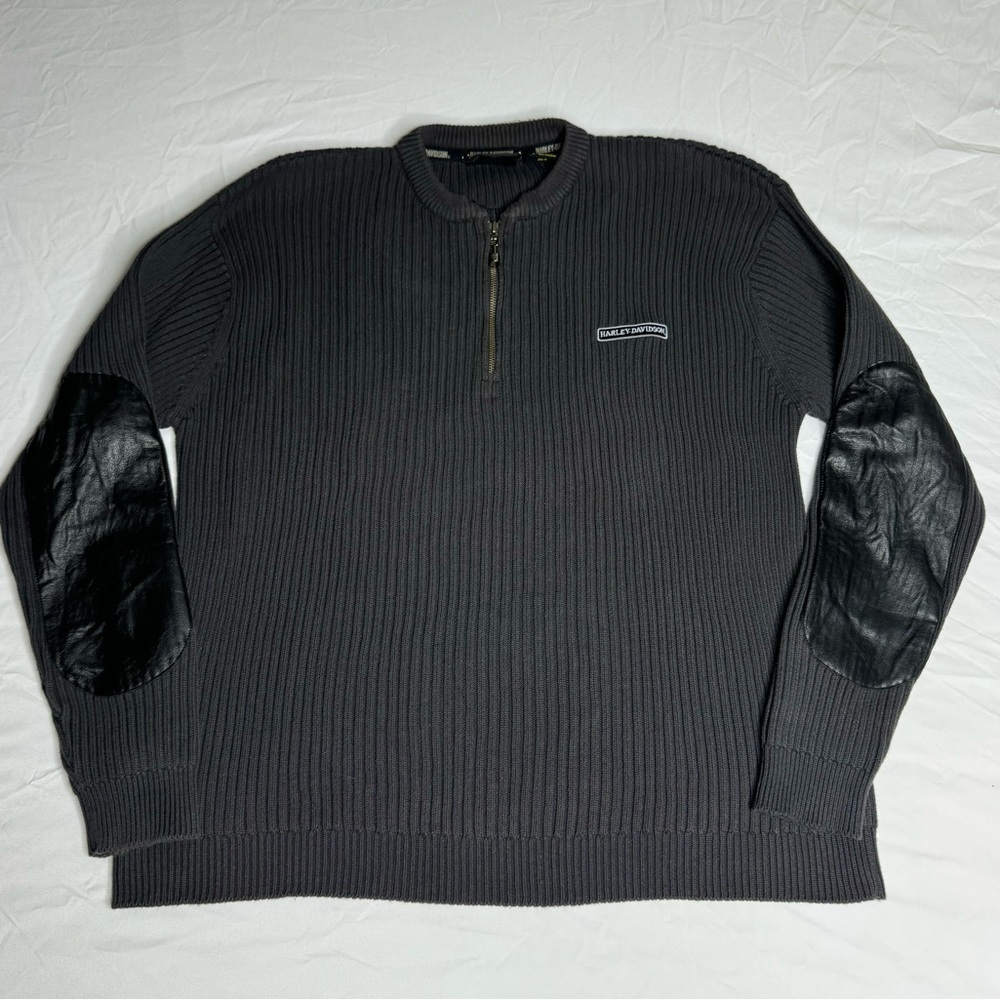 Harley-Davidson Gray Ribbed Embroidered 1/4 Zip Sweater Size XL Elbow Patches‎